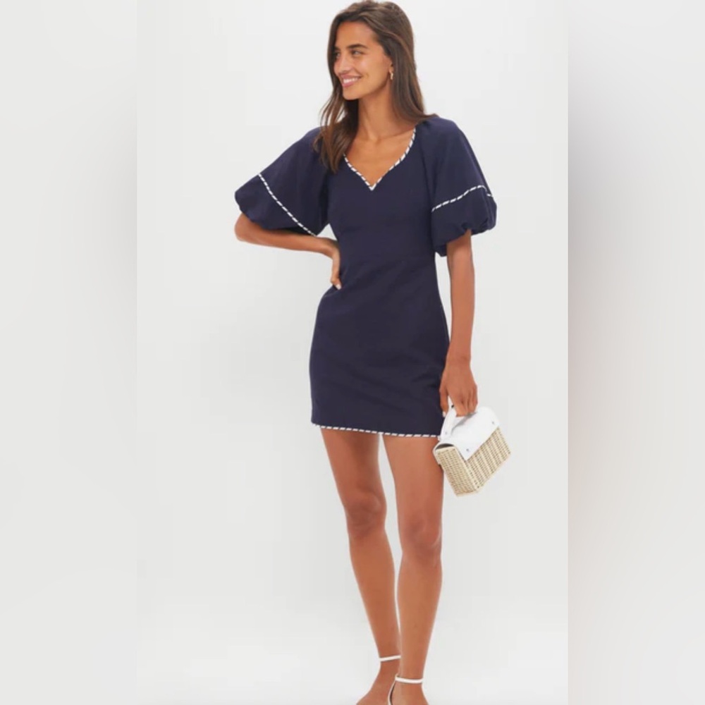 Tuckernuck Navy Striped Piping Keel Puff Sleeve Mini Dress with White Trim XS